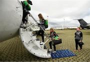 22 October 2020; Republic of Ireland players Jamie Finn and Ellen Molloy board their charter plane at Düsseldorf International Airport ahead of the team's flight to Kiev for their UEFA Women's 2022 European Championships Qualifier against Ukraine on Friday. Photo by Stephen McCarthy/Sportsfile