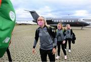 22 October 2020; Republic of Ireland's Louise Quinn boards their charter plane at Düsseldorf International Airport ahead of the team's flight to Kiev for their UEFA Women's 2022 European Championships Qualifier against Ukraine on Friday. Photo by Stephen McCarthy/Sportsfile