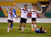 22 October 2020; Patrick Hoban of Dundalk, centre, celebrates alongside team-mates Sean Murray, left, and John Mountney after scoring his side's first goal which was subsequently disallowed during the UEFA Europa League Group B match between Dundalk and Molde FK at Tallaght Stadium in Dublin. Photo by Seb Daly/Sportsfile