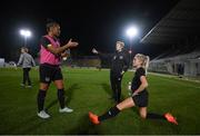 22 October 2020; Assistant coach Eileen Gleeson with Rianna Jarrett, left, and Denise O'Sullivan during a Republic of Ireland Women training session at Obolon Arena in Kiev, Ukraine. Photo by Stephen McCarthy/Sportsfile