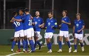 22 October 2020; Ohi Kwoeme Omoijuanfo, second from left, of Molde FK celebrates with team-mates after scoring his side's second goal during the UEFA Europa League Group B match between Dundalk and Molde FK at Tallaght Stadium in Dublin. Photo by Ben McShane/Sportsfile