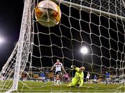 22 October 2020; Etzaz Hussain of Molde FK, left, shoots to score his side's first goal past Gary Rogers of Dundalk during the UEFA Europa League Group B match between Dundalk and Molde FK at Tallaght Stadium in Dublin. Photo by Seb Daly/Sportsfile