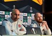 22 October 2020; Dundalk interim head coach Filippo Giovagnoli, left, and opposition analyst Shane Keegan during a post-match press conference following the UEFA Europa League Group B match between Dundalk and Molde FK at Tallaght Stadium in Dublin. Photo by Ben McShane/Sportsfile