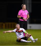22 October 2020; Referee Petri Viljanen with Chris Shields of Dundalk during the UEFA Europa League Group B match between Dundalk and Molde FK at Tallaght Stadium in Dublin. Photo by Ben McShane/Sportsfile
