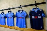 13 July 2019; A general view Dublin jerseys in the dressing room with the 20x20 campaign logo which has replaced that of sponsor AIG Ireland today to help promote awareness of the “If She Can’t See It, She Can’t Be It” initiative, designed to shift Ireland’s cultural perception of women’s sport by increasing media coverage, participation & attendance in women’s sport by 20% by the year 2020. TG4 All-Ireland Ladies Football Senior Championship Group 2 Round 1 match between Dublin and Waterford at O'Moore Park in Portlaoise, Laois. Photo by Piaras Ó Mídheach/Sportsfile