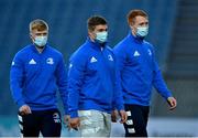 23 October 2020; Tommy O'Brien, left, Scott Penny, centre, and Ciarán Frawley of Leinster ahead of the Guinness PRO14 match between Leinster and Zebre at the RDS Arena in Dublin. Photo by Ramsey Cardy/Sportsfile