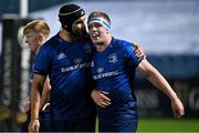 23 October 2020; Dan Leavy of Leinster, right, is congratulated by team-mate Scott Fardy after scoring a try, which was subsequently disallowed by the TMO, during the Guinness PRO14 match between Leinster and Zebre at the RDS Arena in Dublin. Photo by Brendan Moran/Sportsfile
