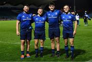 23 October 2020; Leinster debutants, from left, Ciaran Parker, Liam Turner, Dan Sheehan and Michael Silvester following the Guinness PRO14 match between Leinster and Zebre at the RDS Arena in Dublin. Photo by Ramsey Cardy/Sportsfile