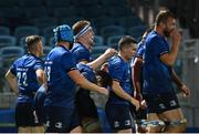 23 October 2020; Dan Leavy of Leinster is congratulated by Leinster team-mates after scoring a try, which was subsequently disallowed, during the Guinness PRO14 match between Leinster and Zebre at the RDS Arena in Dublin. Photo by Ramsey Cardy/Sportsfile