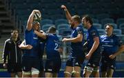 23 October 2020; Dan Leavy of Leinster is congratulated by Leinster team-mates after scoring a try, which was subsequently disallowed, during the Guinness PRO14 match between Leinster and Zebre at the RDS Arena in Dublin. Photo by Ramsey Cardy/Sportsfile