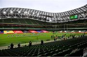 24 October 2020; Both teams stand socially distanced for the National Anthem ahead of the Guinness Six Nations Rugby Championship match between Ireland and Italy at the Aviva Stadium in Dublin. Photo by Ramsey Cardy/Sportsfile