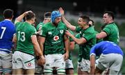 24 October 2020; Ireland players, from left, Garry Ringrose, Tadhg Beirne, Jonathan Sexton and James Ryan celebrate their side's first try during the Guinness Six Nations Rugby Championship match between Ireland and Italy at the Aviva Stadium in Dublin. Photo by Brendan Moran/Sportsfile