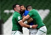 24 October 2020; Jayden Hayward of Italy is tackled by James Ryan, left, and Jonathan Sexton of Ireland during the Guinness Six Nations Rugby Championship match between Ireland and Italy at the Aviva Stadium in Dublin. Photo by Ramsey Cardy/Sportsfile