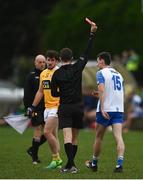 24 October 2020; Referee Paul Falloon shows a red card to Stephen Curry of Waterford during the Allianz Football League Division 4 Round 7 match between Antrim and Waterford at McGeough Park in Haggardstown, Louth. Photo by David Fitzgerald/Sportsfile
