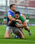 24 October 2020; Hugo Keenan of Ireland scores his second and side's third try despite the tackle of Edoardo Padovani of Italy during the Guinness Six Nations Rugby Championship match between Ireland and Italy at the Aviva Stadium in Dublin. Photo by Brendan Moran/Sportsfile