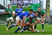 24 October 2020; Hugo Keenan of Ireland scores his side's second try during the Guinness Six Nations Rugby Championship match between Ireland and Italy at the Aviva Stadium in Dublin. Photo by Brendan Moran/Sportsfile