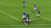 24 October 2020; Hugo Keenan of Ireland scores his second and his side's third try during the Guinness Six Nations Rugby Championship match between Ireland and Italy at the Aviva Stadium in Dublin. Due to current restrictions laid down by the Irish government to prevent the spread of coronavirus and to adhere to social distancing regulations, all sports events in Ireland are currently held behind closed doors. Photo by Brendan Moran/Sportsfile