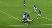 24 October 2020; Hugo Keenan of Ireland scores his second and his side's third try during the Guinness Six Nations Rugby Championship match between Ireland and Italy at the Aviva Stadium in Dublin. Due to current restrictions laid down by the Irish government to prevent the spread of coronavirus and to adhere to social distancing regulations, all sports events in Ireland are currently held behind closed doors. Photo by Brendan Moran/Sportsfile