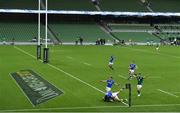 24 October 2020; Jonathan Sexton celebrates as team-mate Hugo Keenan scores his second and his side's third try in front of an empty stadium during the Guinness Six Nations Rugby Championship match between Ireland and Italy at the Aviva Stadium in Dublin. Due to current restrictions laid down by the Irish government to prevent the spread of coronavirus and to adhere to social distancing regulations, all sports events in Ireland are currently held behind closed doors. Photo by Brendan Moran/Sportsfile