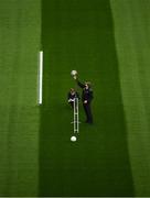 24 October 2020; A view of Croke Park as pitch manager Stuart Wilson, right, and Dr Ian McClements, Senior consultant at STRI, do a 'ball bounce test' on the pitch before the Leinster GAA Hurling Senior Championship Quarter-Final match between Laois and Dublin at Croke Park in Dublin. Photo by Ray McManus/Sportsfile