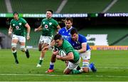 24 October 2020; Jonathan Sexton of Ireland dives over to score his side's fifth try during the Guinness Six Nations Rugby Championship match between Ireland and Italy at the Aviva Stadium in Dublin. Photo by Ramsey Cardy/Sportsfile