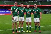 24 October 2020; Ireland debutants, from left, Will Connors, Hugo Keenan, Jamison Gibson-Park and Ed Byrne following the Guinness Six Nations Rugby Championship match between Ireland and Italy at the Aviva Stadium in Dublin. Photo by Ramsey Cardy/Sportsfile