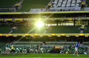 24 October 2020; Ross Byrne of Ireland kicks for touch in front of empty stands during the Guinness Six Nations Rugby Championship match between Ireland and Italy at the Aviva Stadium in Dublin. Due to current restrictions laid down by the Irish government to prevent the spread of coronavirus and to adhere to social distancing regulations, all sports events in Ireland are currently held behind closed doors. Photo by Brendan Moran/Sportsfile