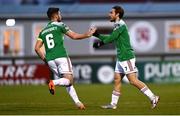 24 October 2020; Dylan McGlade of Cork City celebrates with Gearóid Morrissey of Cork City after scoring his side's first goal during the SSE Airtricity League Premier Division match between Sligo Rovers and Cork City at The Showgrounds in Sligo. Photo by Harry Murphy/Sportsfile