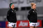 24 October 2020; Lindsay Peat, left, and Cliodhna Moloney of Ireland ahead of the Women's Six Nations Rugby Championship match between Ireland and Italy at Energia Park in Dublin. Due to current restrictions laid down by the Irish government to prevent the spread of coronavirus and to adhere to social distancing regulations, all sports events in Ireland are currently held behind closed doors. Photo by Ramsey Cardy/Sportsfile