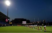 24 October 2020; The Ireland team stand for the national anthems prior to the Women's Six Nations Rugby Championship match between Ireland and Italy at Energia Park in Dublin. Due to current restrictions laid down by the Irish government to prevent the spread of coronavirus and to adhere to social distancing regulations, all sports events in Ireland are currently held behind closed doors. Photo by Brendan Moran/Sportsfile