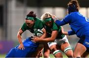 24 October 2020; Lindsay Peat, left, supported by Ciara Cooney of Ireland is tackled by Silvia Turani of Italy during the Women's Six Nations Rugby Championship match between Ireland and Italy at Energia Park in Dublin. Due to current restrictions laid down by the Irish government to prevent the spread of coronavirus and to adhere to social distancing regulations, all sports events in Ireland are currently held behind closed doors. Photo by Ramsey Cardy/Sportsfile