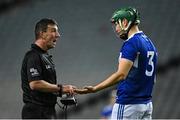 24 October 2020; Referee Paud O'Dwyer reacts as Sean Downey of Laois protests a free given against him during the Leinster GAA Hurling Senior Championship Quarter-Final match between Laois and Dublin at Croke Park in Dublin. Photo by Piaras Ó Mídheach/Sportsfile