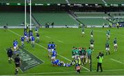 24 October 2020; Ireland players celebrate after team-mate Hugo Keenan scored his first and their side's second try in front of an empty stadium during the Guinness Six Nations Rugby Championship match between Ireland and Italy at the Aviva Stadium in Dublin. Due to current restrictions laid down by the Irish government to prevent the spread of coronavirus and to adhere to social distancing regulations, all sports events in Ireland are currently held behind closed doors. Photo by Brendan Moran/Sportsfile