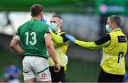 24 October 2020; Garry Ringrose of Ireland is attended to by  team doctor Dr Ciaran Cosgrave and team physio Keith Fox before leaving the pitch with an injury during the Guinness Six Nations Rugby Championship match between Ireland and Italy at the Aviva Stadium in Dublin. Due to current restrictions laid down by the Irish government to prevent the spread of coronavirus and to adhere to social distancing regulations, all sports events in Ireland are currently held behind closed doors. Photo by Brendan Moran/Sportsfile