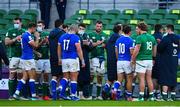 24 October 2020; Ireland players applaud the Italian team from the pitch after the Guinness Six Nations Rugby Championship match between Ireland and Italy at the Aviva Stadium in Dublin. Due to current restrictions laid down by the Irish government to prevent the spread of coronavirus and to adhere to social distancing regulations, all sports events in Ireland are currently held behind closed doors. Photo by Brendan Moran/Sportsfile