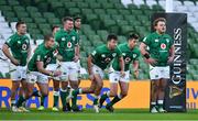 24 October 2020; Ireland players, from left, Andrew Conway, Jacob Stockdale, Peter O'Mahony, Ultan Dillane, Hugo Keenan, Ross Byrne and Finlay Bealham wait while Italy kick a conversion during the Guinness Six Nations Rugby Championship match between Ireland and Italy at the Aviva Stadium in Dublin. Due to current restrictions laid down by the Irish government to prevent the spread of coronavirus and to adhere to social distancing regulations, all sports events in Ireland are currently held behind closed doors. Photo by Brendan Moran/Sportsfile