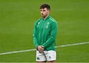 24 October 2020; Hugo Keenan of Ireland during the national anthem prior to the Guinness Six Nations Rugby Championship match between Ireland and Italy at the Aviva Stadium in Dublin. Due to current restrictions laid down by the Irish government to prevent the spread of coronavirus and to adhere to social distancing regulations, all sports events in Ireland are currently held behind closed doors. Photo by Seb Daly/Sportsfile