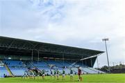 25 October 2020; Mayo players stand for Amhrán na bhFiann before the Allianz Football League Division 1 Round 7 match between Mayo and Tyrone at Elverys MacHale Park in Castlebar, Mayo. Photo by Piaras Ó Mídheach/Sportsfile