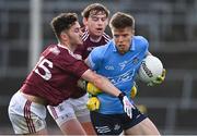 25 October 2020; Robert McDaid of Dublin is tackled by Ian Burke, left, and Tom Flynn of Galway during the Allianz Football League Division 1 Round 7 match between Galway and Dublin at Pearse Stadium in Galway. Photo by Ramsey Cardy/Sportsfile