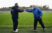 25 October 2020; Meath manager Andy McEntee and Monaghan manager Seamus McEnaney fist bump prior to the Allianz Football League Division 1 Round 7 match between Monaghan and Meath at St Tiernach's Park in Clones, Monaghan. Photo by Harry Murphy/Sportsfile