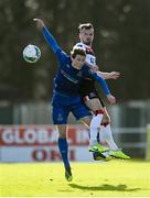 25 October 2020; Cameron Dummigan of Dundalk contests a high ball with Will Fitzgerald of Waterford during the SSE Airtricity League Premier Division match between Waterford and Dundalk at RSC in Waterford. Photo by Sam Barnes/Sportsfile
