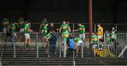 25 October 2020; Leitrim manager Terry Hyland talks to his players in the stand during the half-time break of the Allianz Football League Division 3 Round 7 match between Leitrim and Tipperary at Avantcard Páirc Sean Mac Diarmada in Carrick-on-Shannon, Leitrim. Photo by Seb Daly/Sportsfile