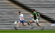 25 October 2020; Michéal Bannigan of Monaghan in action against Bryan Menton of Meath during the Allianz Football League Division 1 Round 7 match between Monaghan and Meath at St Tiernach's Park in Clones, Monaghan. Photo by Harry Murphy/Sportsfile