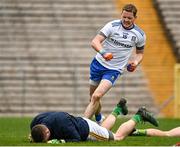 25 October 2020; Conor McManus of Monaghan celebrates after scoring his side's second goal as Andrew Colgan of Meath looks dejected during the Allianz Football League Division 1 Round 7 match between Monaghan and Meath at St Tiernach's Park in Clones, Monaghan. Photo by Harry Murphy/Sportsfile