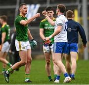 25 October 2020; Conor McManus of Monaghan and Bryan Menton of Meath fist bump following the Allianz Football League Division 1 Round 7 match between Monaghan and Meath at St Tiernach's Park in Clones, Monaghan. Photo by Harry Murphy/Sportsfile