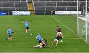 25 October 2020; Con O'Callaghan of Dublin shoots to score his side's second goal past Galway goalkeeper Bernard Power during the Allianz Football League Division 1 Round 7 match between Galway and Dublin at Pearse Stadium in Galway. Photo by Ramsey Cardy/Sportsfile