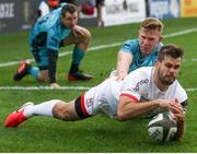 25 October 2020; Louis Ludik of Ulster dives on a loose ball to score a try during the Guinness PRO14 match between Ulster and Dragons at Kingspan Stadium in Belfast. Photo by John Dickson/Sportsfile