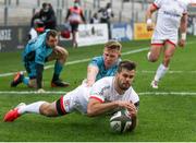 25 October 2020; Louis Ludik of Ulster dives on a loose ball to score a try during the Guinness PRO14 match between Ulster and Dragons at Kingspan Stadium in Belfast. Photo by John Dickson/Sportsfile