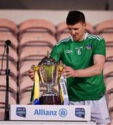 25 October 2020; Declan Hannon of Limerick lifts the trophy after the Munster GAA Hurling Senior Championship Quarter-Final match between Limerick and Clare at Semple Stadium in Thurles, Tipperary. This game also doubles up as the Allianz Hurling League Division 1 Final as the GAA season was shortened due to the coronavirus pandemic and both teams had qualified for the final. Photo by Ray McManus/Sportsfile