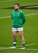 24 October 2020; Andrew Porter of Ireland during the national anthem prior to the Guinness Six Nations Rugby Championship match between Ireland and Italy at the Aviva Stadium in Dublin. Due to current restrictions laid down by the Irish government to prevent the spread of coronavirus and to adhere to social distancing regulations, all sports events in Ireland are currently held behind closed doors. Photo by Seb Daly/Sportsfile